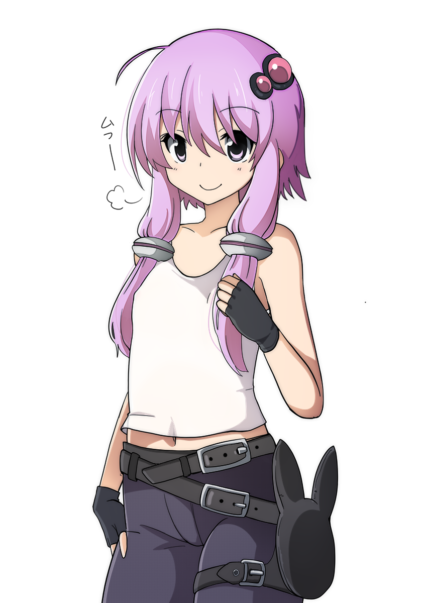 1girl =3 ahoge alternate_costume bangs bare_arms belt black_gloves blush commentary_request cowboy_shot eyebrows_visible_through_hair fingerless_gloves gia_(abab0707) gloves hair_ornament highres looking_at_viewer playerunknown's_battlegrounds purple_hair shirt short_hair_with_long_locks sidelocks simple_background smile solo violet_eyes voiceroid white_background white_shirt yuzuki_yukari