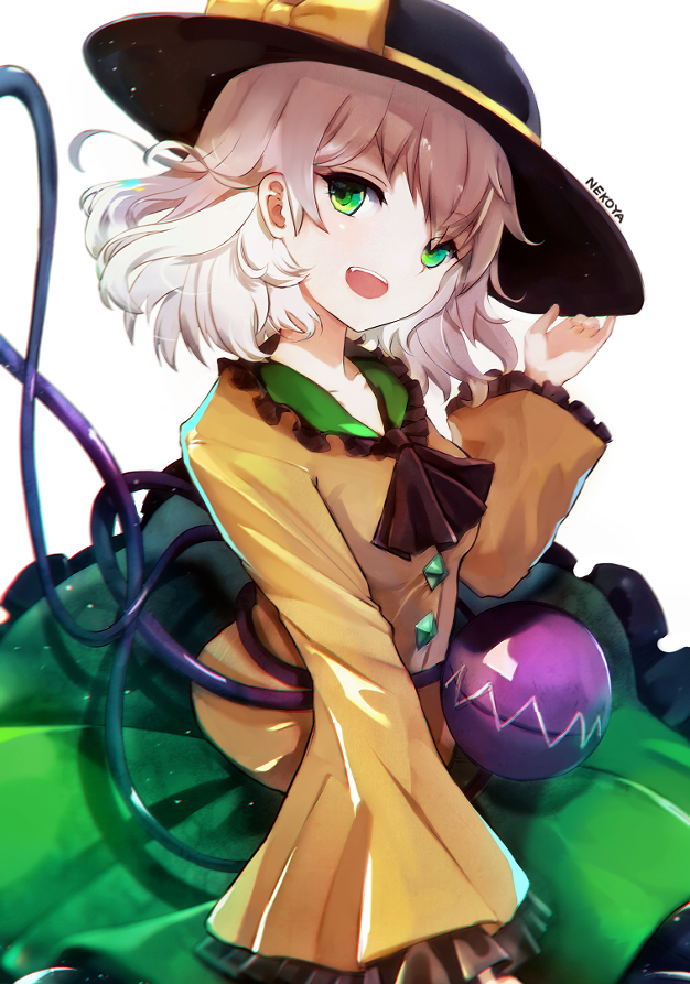 1girl adjusting_clothes adjusting_hat ascot black_hat black_neckwear bow collarbone commentary_request dyolf frilled_shirt_collar frills green_eyes green_skirt hat hat_bow head_tilt komeiji_koishi long_sleeves looking_at_viewer open_mouth petticoat shirt short_hair silver_hair simple_background skirt sleeves_past_wrists smile solo stitches third_eye touhou white_background wide_sleeves yellow_bow yellow_shirt