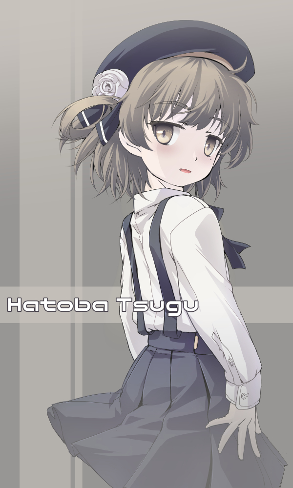 1girl ass bangs beret black_beret black_hat black_ribbon black_skirt blouse blush brown_eyes character_name collared_shirt commentary_request flower grey_hair hair_flower hair_ornament hat hatoba_tsugu hatoba_tsugu_(character) long_sleeves looking_at_viewer mao_(6r) mole mole_under_eye neck_ribbon ribbon shirt short_hair simple_background skirt solo standing suspender_skirt suspenders virtual_youtuber white_blouse white_flower white_shirt