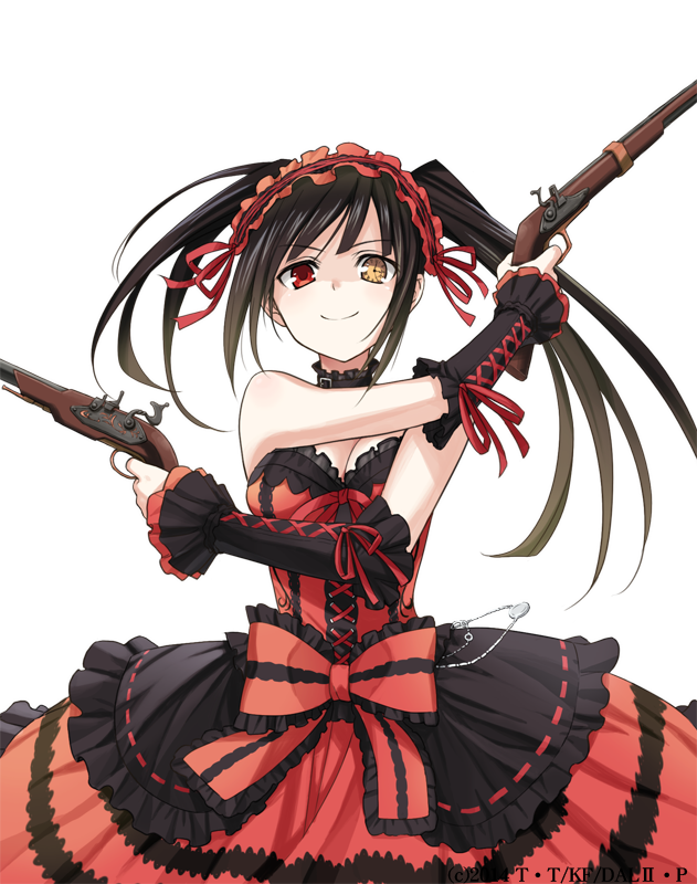 1girl asymmetrical_hair black_hair bow breasts choker cleavage clock_eyes date_a_live detached_sleeves dress dual_wielding frilled_bow frills gothic_lolita gun hairband heterochromia holding holding_gun holding_weapon konoe_(fogtracks) lolita_fashion lolita_hairband long_dress long_hair looking_at_viewer medium_breasts red_bow red_dress red_eyes sleeveless sleeveless_dress smile solo standing symbol-shaped_pupils tokisaki_kurumi transparent_background twintails weapon yellow_eyes
