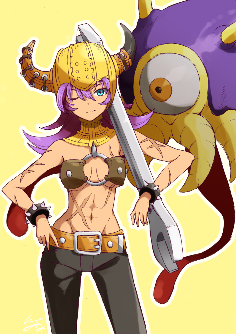 1girl ;) abs ameruda bangs bare_shoulders belt belt_buckle black_pants blue_eyes bracelet breasts buckle closed_mouth cowboy_shot dragon_quest dragon_quest_builders eyebrows groin hair_between_eyes hand_on_hip helmet horned_helmet io_naomichi jewelry legs_apart long_hair medium_breasts midriff muscle muscular_female navel o-ring o-ring_top one_eye_closed orange_belt outline over_shoulder pants purple_hair scar smile solo spiked_bracelet spikes standing stomach under_boob white_outline wrench yellow_background