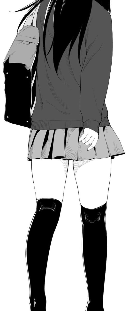 1girl adjusting_skirt akino_sora bag feet_out_of_frame from_behind greyscale head_out_of_frame highres kneehighs kneepits long_hair long_sleeves monochrome school_bag school_uniform shoulder_bag simple_background sleeves_past_wrists solo standing white_background