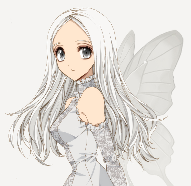 1girl bad_id bad_pixiv_id breasts detached_sleeves dress grey_eyes long_hair long_sleeves looking_at_viewer misteor original solo white_background white_hair wings