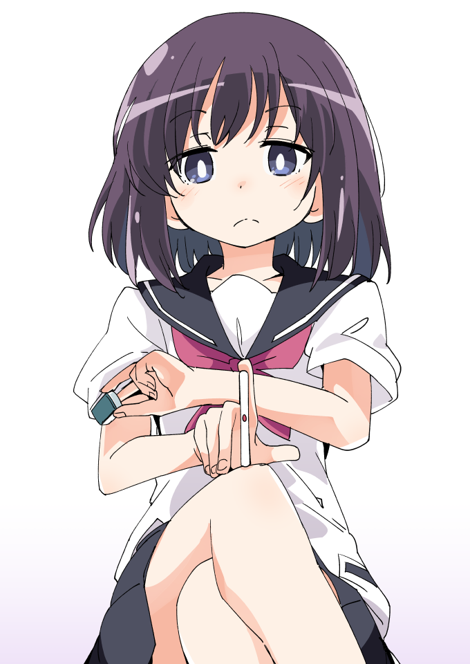 1girl black_sailor_collar black_skirt blue_eyes blush character_request closed_mouth collarbone fingernails gradient gradient_background holding ixy legs_crossed looking_at_viewer mahjong mahjong_tile neckerchief pink_neckwear pleated_skirt purple_background purple_hair sailor_collar saki school_uniform serafuku shirt short_sleeves sitting skirt solo white_background white_shirt