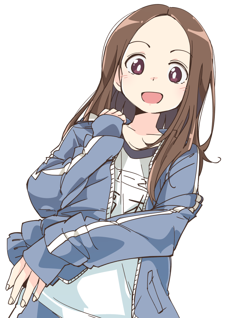 1girl :d bangs blue_jacket blue_shorts blush brown_eyes brown_hair collarbone eyebrows_visible_through_hair fingernails forehead gym_shirt gym_shorts gym_uniform hand_up ixy jacket karakai_jouzu_no_takagi-san long_hair long_sleeves looking_at_viewer open_clothes open_jacket open_mouth parted_bangs shirt shorts simple_background sleeves_past_wrists smile solo takagi-san track_jacket white_background white_shirt