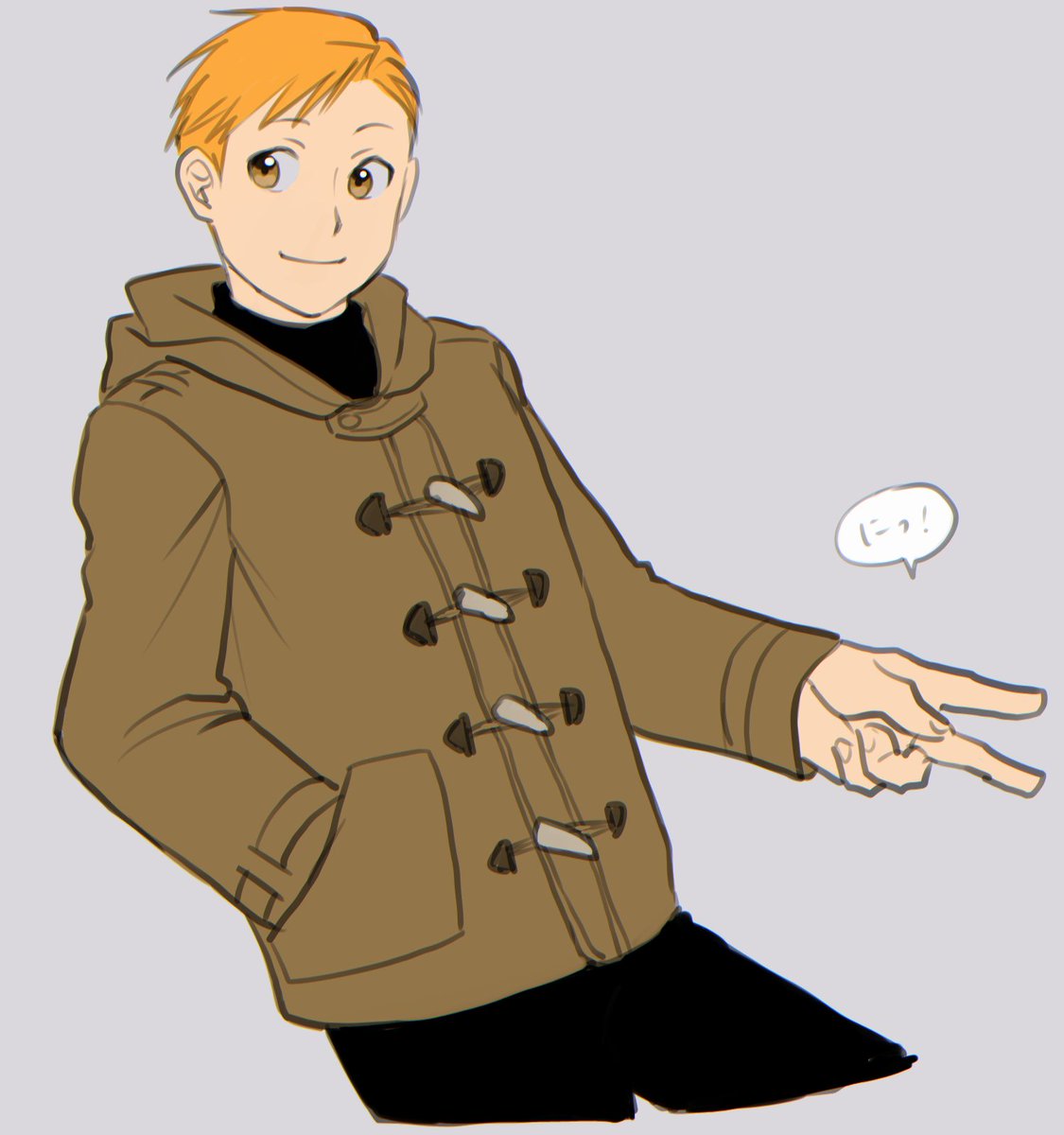 1boy alphonse_elric black_pants black_shirt blonde_hair brown_jacket cowboy_shot eyebrows_visible_through_hair fingernails fullmetal_alchemist grey_background hand_in_pocket happy highres jacket long_sleeves looking_away male_focus outstretched_hand ozaki_(tsukiko3) pants shirt short_hair simple_background smile speech_bubble translation_request upper_body v yellow_eyes