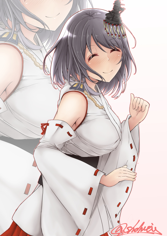 1girl aiguillette black_hair blush breasts closed_eyes commentary_request detached_sleeves hair_ornament kantai_collection large_breasts nontraditional_miko shohei_(piranha5hk) short_hair signature smile yamashiro_(kantai_collection) zoom_layer