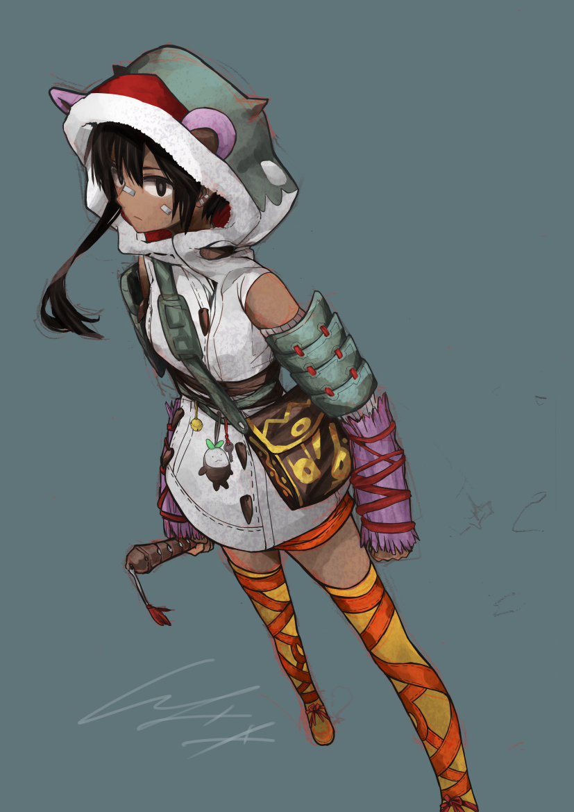 1girl animal_hood armor arms_at_sides asymmetrical_hair bag bandaid bandaid_on_nose bangs black_eyes black_hair blue_background breasts closed_mouth dark_skin dress earrings frown hair_between_eyes handbag hood hood_up ikenie_to_yuki_no_setsuna io_naomichi japanese_armor jewelry kuon_(ikenie_to_yuki_no_setsuna) legs_apart long_hair medium_breasts orange_shorts shorts simple_background solo standing tassel thigh-highs white_dress yellow_legwear zettai_ryouiki