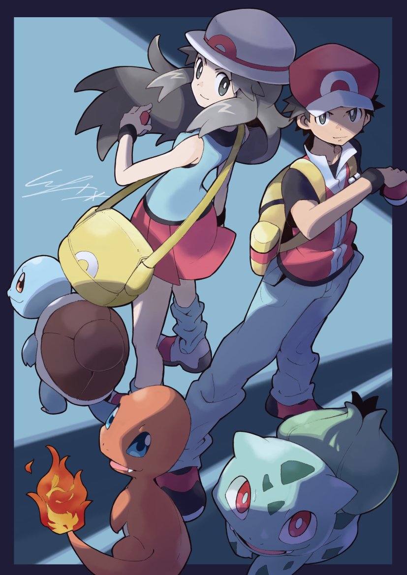 1boy 1girl back-to-back backpack bag bare_shoulders baseball_cap blue_(pokemon) blue_border blue_legwear blue_pants blue_shirt border breasts bright_pupils brown_eyes brown_hair bulbasaur charmander closed_mouth fire gen_1_pokemon handbag hat holding holding_poke_ball io_naomichi legs_apart long_hair looking_at_viewer loose_socks miniskirt pants pleated_skirt pocket poke_ball poke_ball_(generic) poke_ball_theme pokemon pokemon_(creature) pokemon_(game) pokemon_frlg red_(pokemon) red_(pokemon)_(remake) red_hat red_skirt shirt shoes short_hair short_sleeves skirt small_breasts smile squirtle standing tank_top white_hat white_pupils wristband