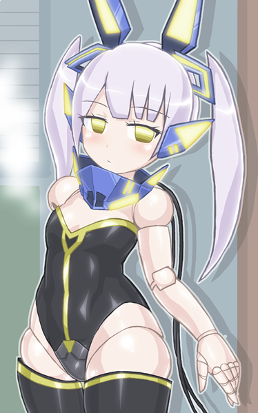 1girl bangs bare_arms bare_shoulders black_legwear black_leotard breasts cable cleavage closed_mouth doll_joints empty_eyes eyebrows eyebrows_visible_through_hair headgear highleg highleg_leotard leotard long_hair mecha_musume neets_channel no_pupils outline purple_hair small_breasts solo standing thigh-highs thigh_gap twintails virtual_youtuber vt-212 white_outline winn yellow_eyes zettai_ryouiki