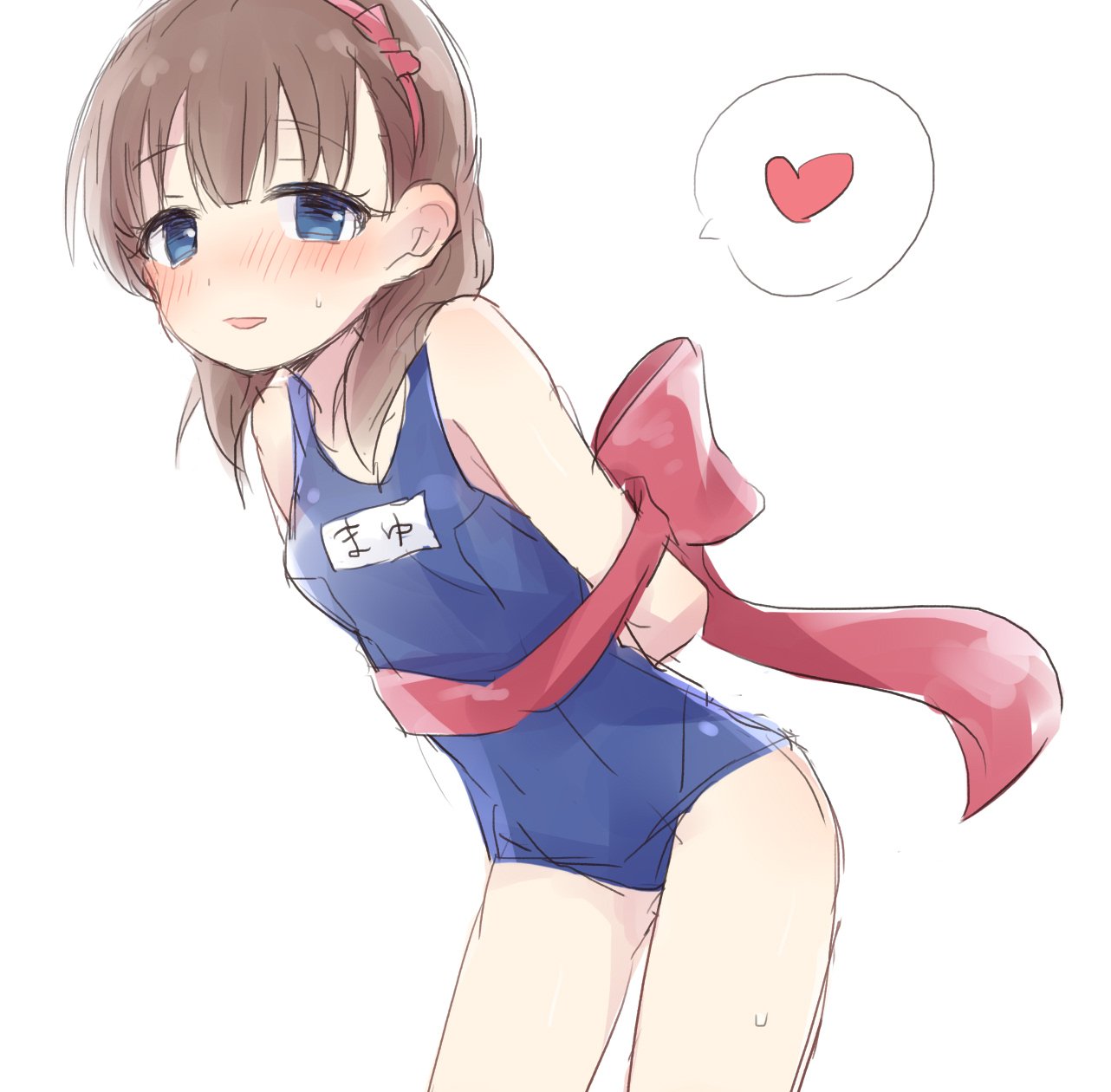 arms_behind_back artist_request bare_shoulders blue_eyes blush bow brown_hair character_name eyebrows_visible_through_hair hair_ribbon heart highres idolmaster idolmaster_cinderella_girls looking_at_viewer open_mouth red_bow red_ribbon ribbon sakuma_mayu school_swimsuit short_hair solo spoken_heart swimsuit thighs white_background