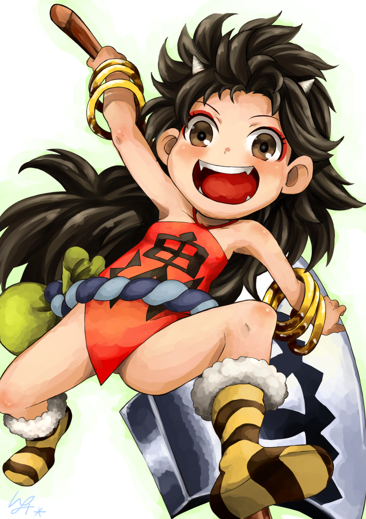 1girl :d axe bare_shoulders black_hair blush boots bracelet brown_eyes collarbone dudou eyelashes eyeliner fangs flat_chest holding holding_axe holding_weapon horizontal_stripes horns io_naomichi jewelry long_hair makeup oboro_muramasa oni oni_horns open_mouth rajaki_(oboro_muramasa) rope shimenawa smile solo striped striped_footwear teeth tongue very_long_hair weapon
