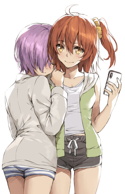 2girls ahoge ass bangs blush breasts cellphone closed_eyes commentary cowboy_shot english_commentary eyebrows_visible_through_hair fate/grand_order fate_(series) fujimaru_ritsuka_(female) hair_between_eyes hair_ornament hair_over_one_eye hair_scrunchie head_on_another's_shoulder holding holding_phone long_hair long_sleeves looking_at_another mash_kyrielight medium_breasts multiple_girls one_eye_covered one_side_up orange_hair phone purple_hair scrunchie shirt short_hair shorts simple_background sleeveless sleeveless_shirt smartphone smile standing striped striped_shorts tonee violet_eyes white_background white_shirt yellow_eyes yuri