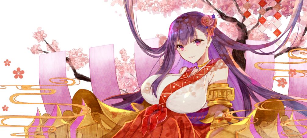 1girl alternate_costume breasts fate/extra fate/extra_ccc fate/grand_order fate_(series) flower gevjon hair_flower hair_ornament japanese_clothes large_breasts long_hair looking_at_viewer passion_lip pink_eyes purple_hair smile solo very_long_hair