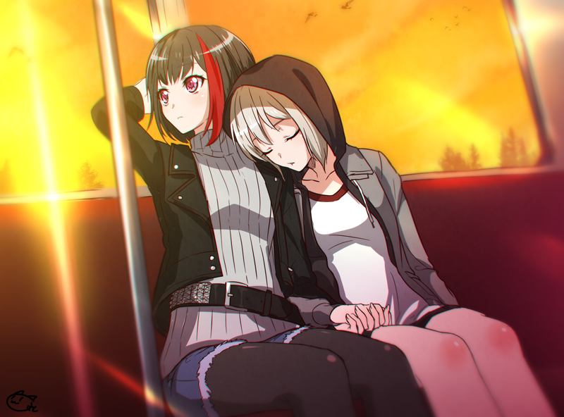 2girls aoba_moka arm_up bang_dream! belt black_hair black_jacket black_legwear bob_cut closed_eyes commentary_request denim denim_shorts diffraction_spikes drawstring dusk grey_hair grey_jacket grey_sweater hand_holding head_on_another's_shoulder jacket leaning_on_person long_sleeves mitake_ran multicolored_hair multiple_girls nyanmaru_(ememing) pantyhose red_eyes redhead ribbed_sweater shirt short_hair shorts signature sitting sleeping streaked_hair sweater train_interior turtleneck turtleneck_sweater white_shirt window yuri