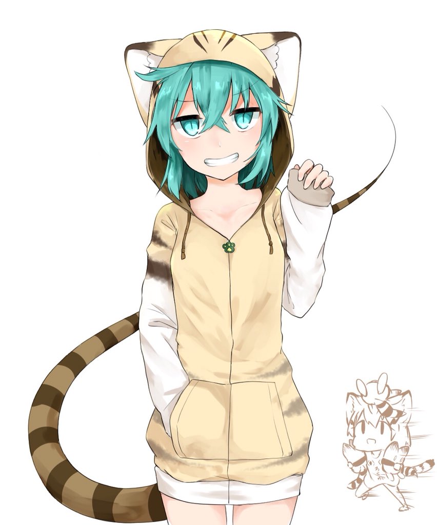 2girls adapted_costume animal_ears blue_eyes blue_hair cat_ears chibi_inset commentary_request eyebrows_visible_through_hair grin hood hoodie isobee kemono_friends long_sleeves lucky_beast_(kemono_friends) multiple_girls sand_cat_(kemono_friends) short_hair smile snake_tail tail tsuchinoko_(kemono_friends)