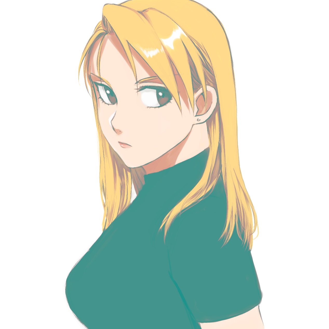 1girl black_shirt blonde_hair breasts brown_eyes close-up earrings expressionless eyelashes fullmetal_alchemist highres jewelry long_hair looking_away ozaki_(tsukiko3) riza_hawkeye shaded_face shirt simple_background solo_focus standing upper_body white_background