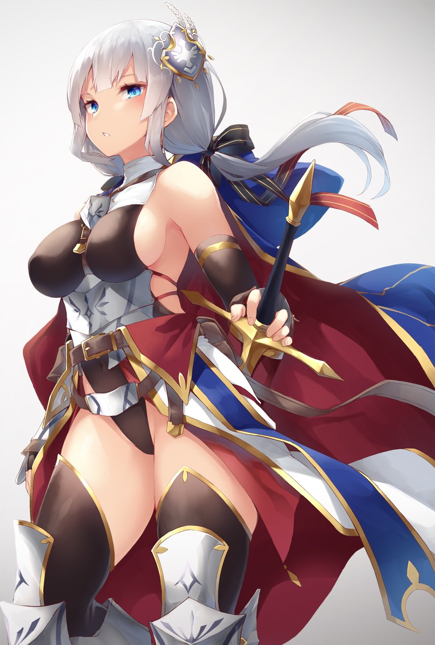 1girl armor belt black_gloves black_legwear blue_eyes commentary_request cowboy_shot elbow_gloves fingerless_gloves forte_(sennen_sensou_aigis) from_below gloves gradient gradient_background greaves hair_ornament hair_ribbon hand_on_hilt highleg highleg_leotard highres leotard long_hair looking_at_viewer low_ponytail nanahara_fuyuki parted_lips ribbon sennen_sensou_aigis sidelocks silver_hair simple_background solo thigh-highs underbust vambraces