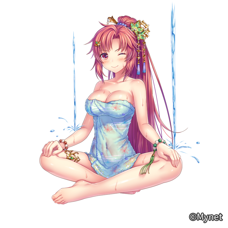 1girl ;) bare_shoulders barefoot bead_bracelet beads blush bracelet breasts cleavage covered_navel full_body hair_ornament hands_on_own_legs indian_style jewelry large_breasts legband long_ponytail official_art one_eye_closed otosume_ruiko sangoku_infinity sitting smile water wet