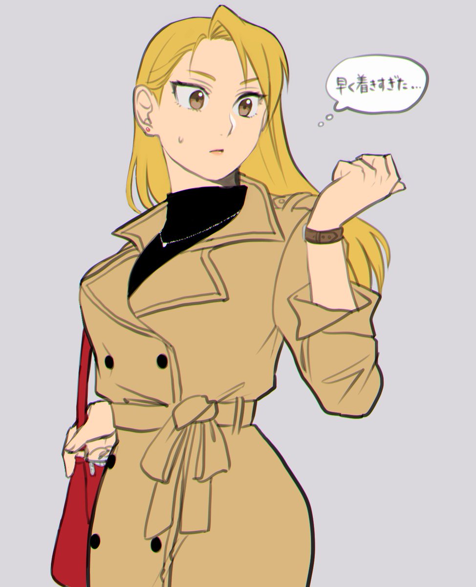 1girl bag belt black_shirt blonde_hair breasts brown_coat brown_eyes clenched_hand coat downscaled earrings expressionless eyelashes fingernails fullmetal_alchemist grey_background handbag highres jewelry long_hair looking_away md5_mismatch necklace ozaki_(tsukiko3) resized riza_hawkeye shirt simple_background solo_focus standing sweatdrop thought_bubble translation_request upper_body watch