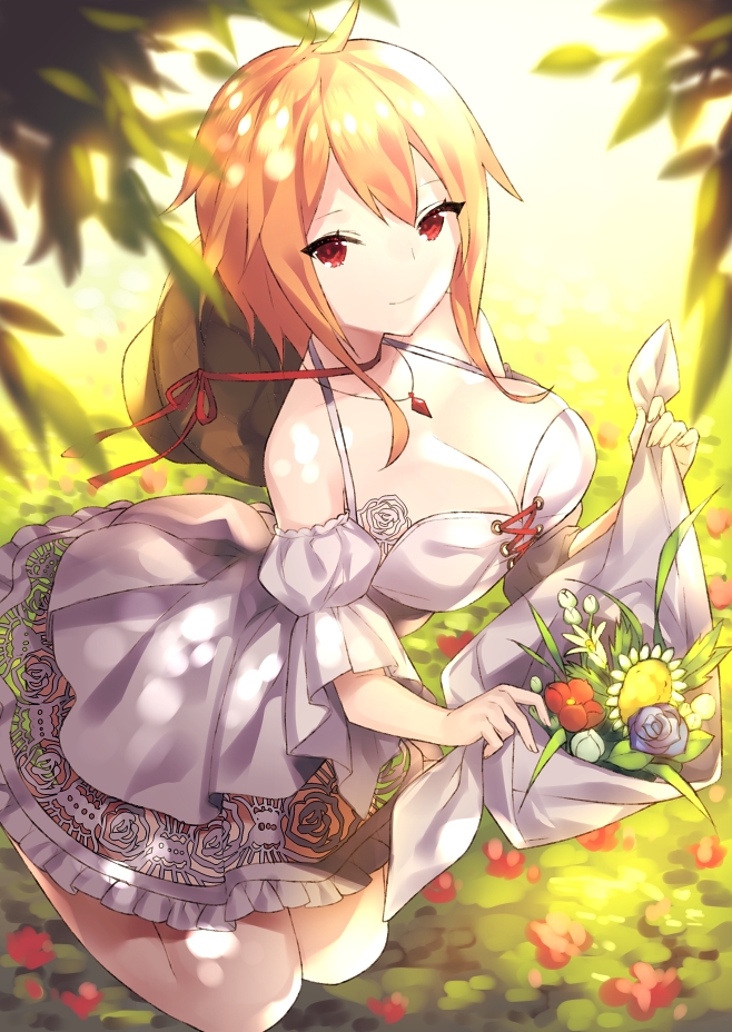 1girl bare_shoulders blonde_hair blush breasts cleavage closed_mouth collarbone commentary_request dress eyebrows_visible_through_hair flower jewelry large_breasts looking_at_viewer necklace off_shoulder original outdoors red_eyes smile solo touwa_nikuman