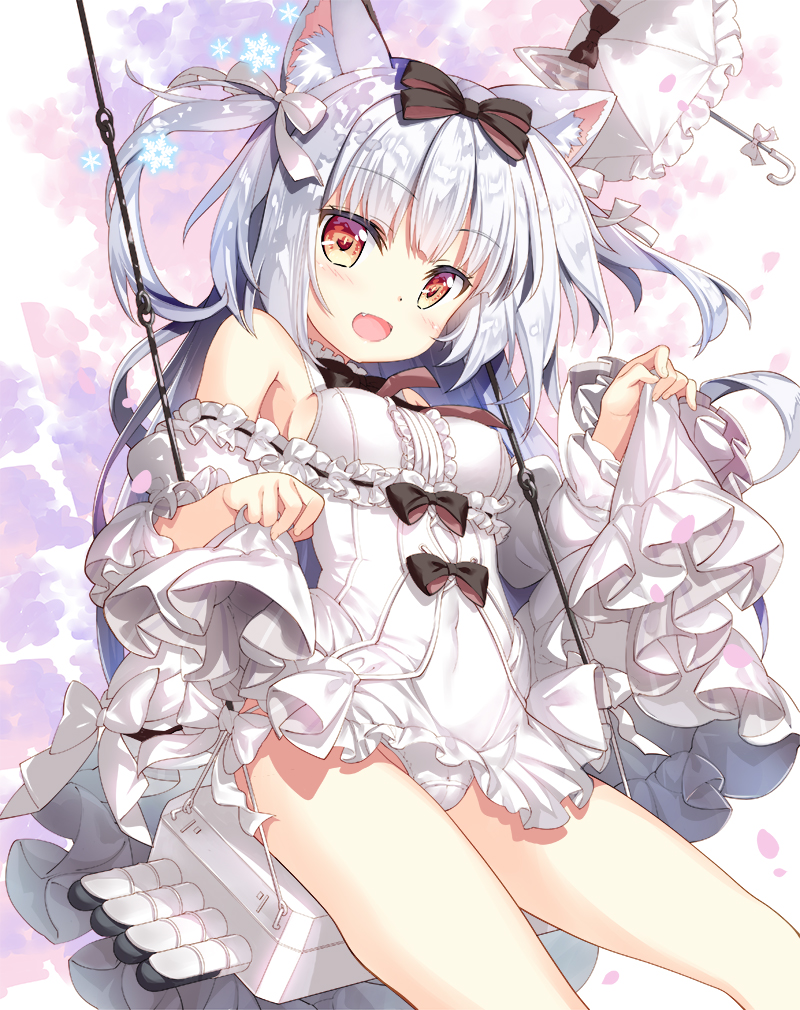 1girl :d animal_ears azur_lane bangs bare_shoulders black_bow blush bow breasts brown_eyes cat_ears center_frills commentary_request covered_navel dress eyebrows_visible_through_hair fang fingernails frilled_umbrella frills fujima_takuya hair_bow long_hair long_sleeves looking_at_viewer medium_breasts off-shoulder_dress off_shoulder open_mouth panties short_dress silver_hair sitting skirt_hold smile snowflakes solo swing torpedo_launcher two_side_up underwear very_long_hair white_bow white_dress white_panties white_umbrella wide_sleeves yukikaze_(azur_lane)