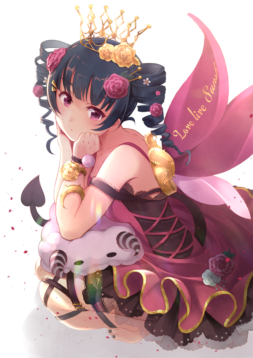 1girl alternate_hairstyle ankle_lace-up bangs barefoot black_nails blue_hair bracelet chin_rest copyright_name cowengium cross-laced_footwear crown demon_tail dress drill_hair fairy_wings flower hair_flower hair_ornament hair_stick hairclip highres jewelry love_live! love_live!_school_idol_festival love_live!_sunshine!! nail_polish petals pink_dress pink_flower solo squatting stuffed_animal stuffed_sheep stuffed_toy tail thigh_strap toenail_polish tsushima_yoshiko twin_drills violet_eyes wings
