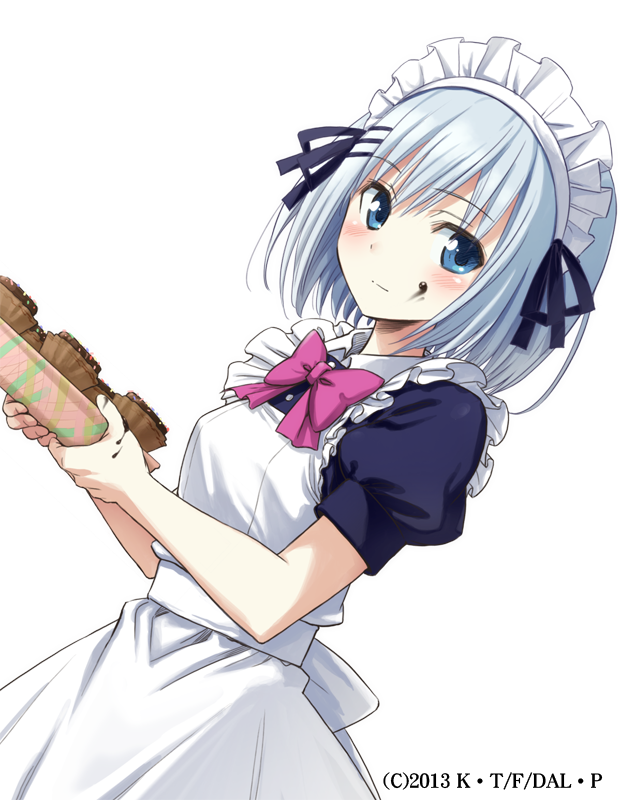 1girl apron blue_eyes blue_ribbon blue_shirt bow bowtie chocolate chocolate_on_face date_a_live dutch_angle eyebrows_visible_through_hair food food_on_face hair_between_eyes hair_ribbon holding konoe_(fogtracks) looking_at_viewer looking_away maid_headdress purple_bow purple_neckwear ribbon shirt short_hair short_sleeves silver_hair solo standing tobiichi_origami transparent_background white_apron
