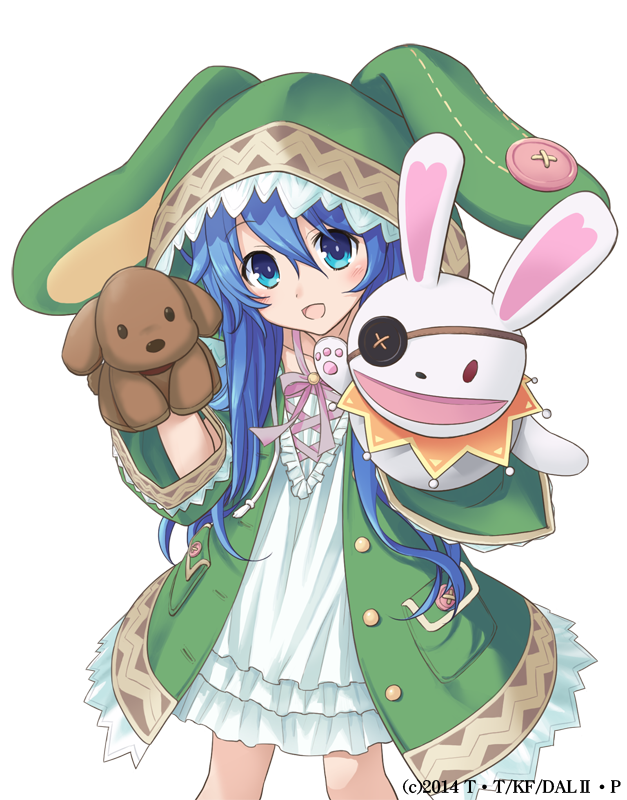 1girl :d animal_hood blue_eyes blue_hair bunny_hood collarbone date_a_live dress eyebrows_visible_through_hair green_coat hair_between_eyes head_tilt hood hooded_coat konoe_(fogtracks) layered_dress long_hair looking_at_viewer open_mouth smile solo standing transparent_background very_long_hair white_dress yoshino_(date_a_live) yoshinon