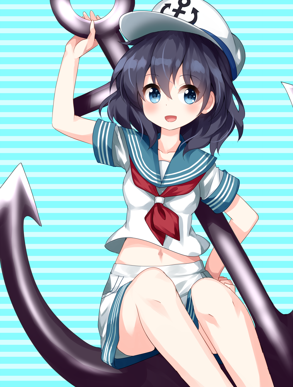 1girl anchor anchor_symbol arm_up black_hair blue_background blue_eyes blush breasts collarbone commentary_request eyebrows_visible_through_hair feet_out_of_frame hair_between_eyes hand_on_hip hat highres horizontal-striped_background looking_at_viewer medium_breasts midriff murasa_minamitsu navel open_mouth peaked_cap red_neckwear ruu_(tksymkw) sailor_collar sailor_hat shirt short_hair short_sleeves sitting skirt smile solo touhou white_shirt white_skirt