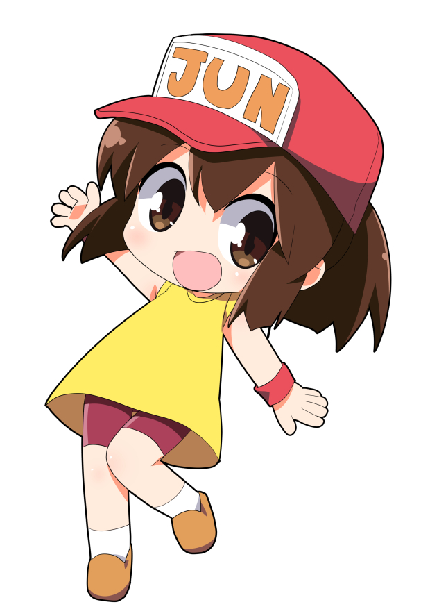 1girl :d bakusou_kyoudai_let's_&amp;_go!! bangs bare_arms bare_shoulders baseball_cap bike_shorts blush brown_eyes brown_footwear brown_hair chibi commentary_request dress eyebrows_visible_through_hair hair_between_eyes hat leaning_to_the_side long_hair looking_at_viewer open_mouth osaragi_mitama purple_shorts red_hat sagami_jun shoes short_shorts shorts simple_background sleeveless sleeveless_dress smile socks solo standing standing_on_one_leg white_background white_legwear yellow_dress