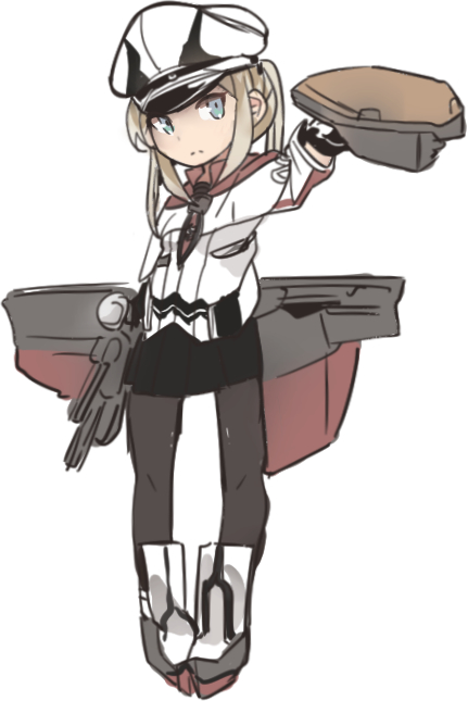 1girl arm_at_side arm_up bitchcraft123 black_gloves black_legwear black_skirt blonde_hair blue_eyes capelet chibi closed_mouth frown full_body gloves graf_zeppelin_(kantai_collection) hat holding kantai_collection long_hair long_sleeves machinery military military_hat military_uniform miniskirt pantyhose peaked_cap popped_collar shirt simple_background skirt solo twintails uniform white_background white_capelet white_shirt