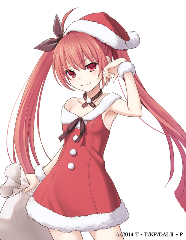 1girl armpits black_ribbon breasts choker cleavage collarbone cowboy_shot date_a_live dress eyebrows_visible_through_hair floating_hair fur_trim gift_bag hair_between_eyes hair_ribbon hat holding_bag itsuka_kotori konoe_(fogtracks) long_hair red_dress red_eyes red_hat redhead ribbon ribbon_choker santa_costume santa_hat short_dress sleeveless sleeveless_dress small_breasts smile solo standing transparent_background twintails very_long_hair wrist_cuffs