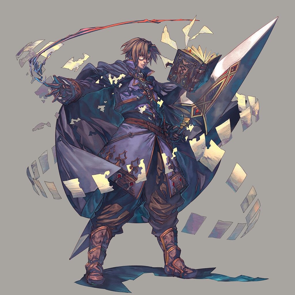 1boy baggy_pants blue_cloak brown_hair capelet character_request closed_mouth floating floating_book floating_object glasses holding holding_sword holding_weapon kazama_raita lezard_valeth long_sleeves looking_at_viewer pants paper simple_background solo sword valkyrie_anatomia weapon