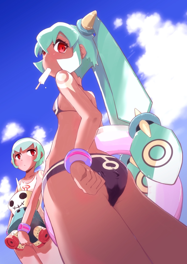 2girls :&lt; adjusting_clothes adjusting_swimsuit aqua_hair ass bangs bare_shoulders bikini black_bikini blue_sky breasts closed_mouth clouds dark_skin day eyelashes food food_in_mouth from_below hair_between_eyes hip_bones holding holding_innertube innertube io_naomichi legs_together long_hair multiple_girls popsicle red_eyes rockman rockman_dash sera_(rockman_dash) shirt shoulder_tattoo sky small_breasts swimsuit tank_top tattoo twintails white_shirt wristband yuna_(rockman_dash)