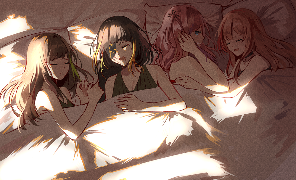 4girls bangs bed black_hair blonde_hair blue_eyes blush braid breasts brown_hair choker cleavage clenched_teeth closed_mouth covering_ears dress expressionless eyebrows_visible_through_hair eyepatch fang girls_frontline green_hair hair_between_eyes hair_ornament long_hair looking_at_viewer lying m16a1_(girls_frontline) m4_sopmod_ii_(girls_frontline) m4a1_(girls_frontline) mole mole_under_eye multicolored_hair multiple_girls on_back on_side one_side_up open_mouth pillow pink_hair redhead scar scar_across_eye sidelocks silence_girl sleeping smile st_ar-15_(girls_frontline) streaked_hair sunlight tank_top teeth