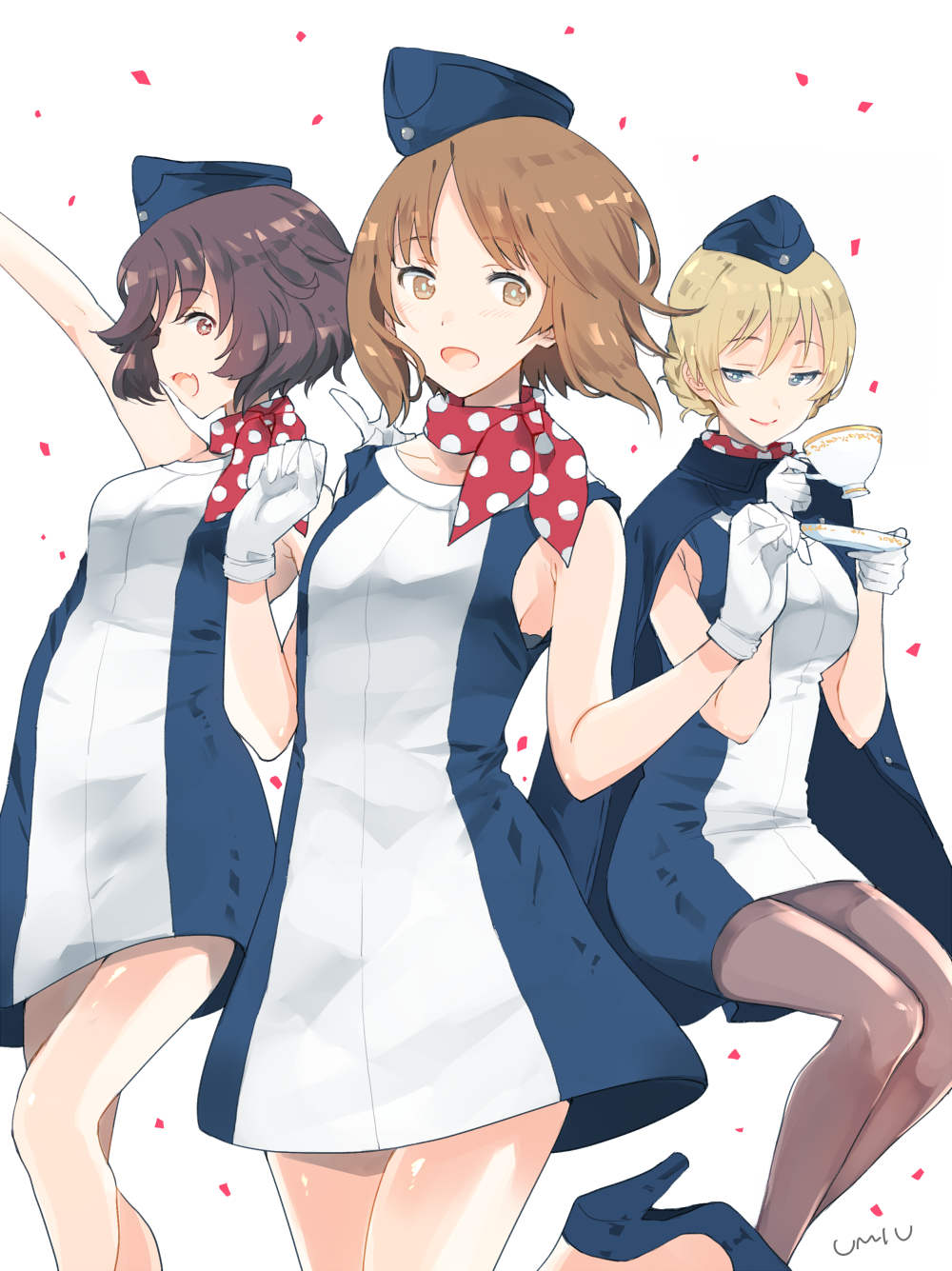 3girls akiyama_yukari alternate_costume arm_up artist_name ascot bangs black_legwear blonde_hair blue_cape blue_dress blue_eyes blue_footwear blue_hat braid brown_eyes brown_hair cape closed_mouth commentary_request confetti cup darjeeling dress eyebrows_visible_through_hair garrison_cap girls_und_panzer gloves hat high_heels highres holding invisible_chair leg_up looking_at_viewer messy_hair multiple_girls nishizumi_miho open_mouth pantyhose polka_dot_neckwear red_neckwear saucer short_dress short_hair signature simple_background sitting sleeveless sleeveless_dress smile standing standing_on_one_leg stewardess teacup tied_hair twin_braids umiu_(hoge) w_arms white_background white_gloves