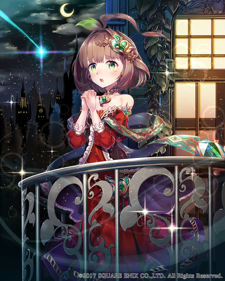 1girl ahoge balcony bare_shoulders blush brown_hair character_request clouds crescent_moon dress full_body green_eyes hair_ornament hands_together looking_at_viewer medium_hair moon night night_sky official_art open_mouth outdoors red_dress sky sparkle standing tearing_up toshi_gahara tower tree venus_rumble watermark window