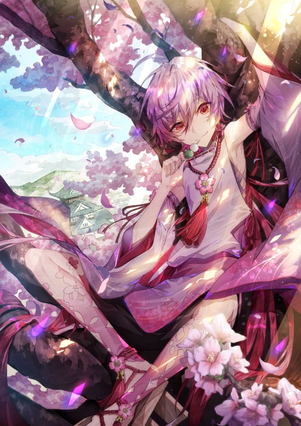 1boy architecture arm_up blue_sky cherry_blossoms copyright_request dango day detached_sleeves east_asian_architecture flower food geta in_tree looking_at_viewer male_focus mura_karuki official_art outdoors petals pink_hair pink_legwear red_eyes sitting sitting_in_tree sky tassel tree wagashi wide_sleeves