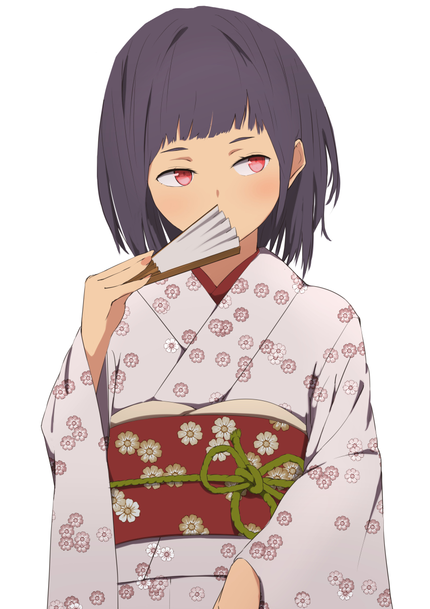 1girl bangs black_hair blunt_bangs blush covering_mouth fan floral_print folding_fan highres holding holding_fan japanese_clothes kimono looking_away obi original red_eyes sash sidelocks simple_background solo sonri upper_body wide_sleeves