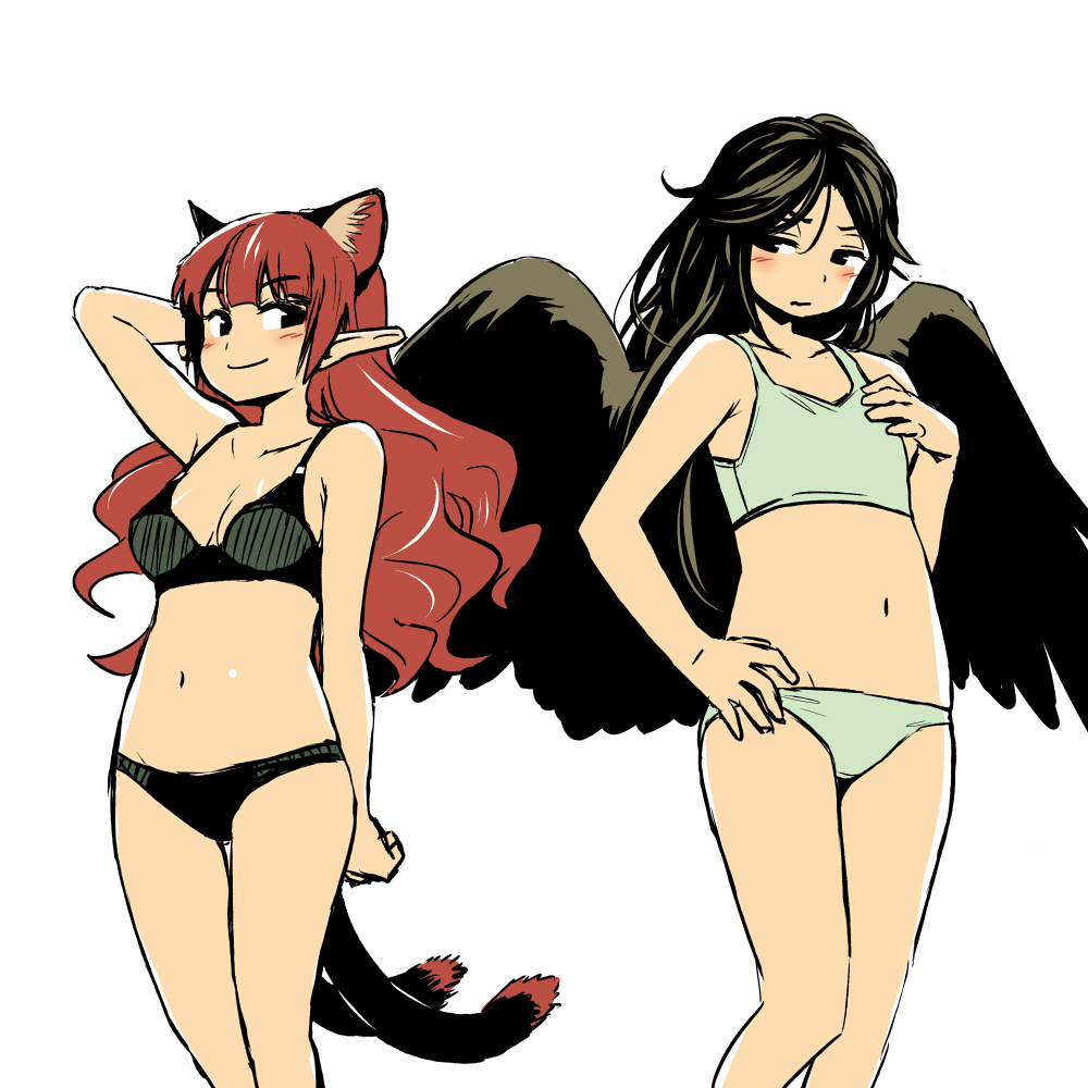 2girls animal_ears arm_behind_head bird_wings black_bra black_eyes black_hair black_panties black_wings blush bra breast_envy breasts cat_ears cat_tail closed_mouth flat_chest green_panties hair_down hand_on_hip kaenbyou_rin long_hair looking_at_another medium_breasts multiple_girls multiple_tails navel panties pointy_ears redhead reiuji_utsuho simple_background smile standing tail touhou underwear white_background wings yudepii