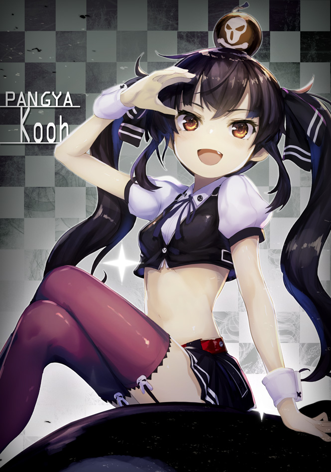 1girl :d arm_up bangs black_hair blush bomb breasts brown_eyes checkered checkered_background cropped_shirt cropped_vest eyebrows_visible_through_hair fang garter_straps kooh legs_crossed long_hair looking_at_viewer midriff miniskirt minutachi open_mouth pangya puffy_short_sleeves puffy_sleeves purple_legwear revision short_sleeves sitting skirt small_breasts smile solo thigh-highs twintails very_long_hair wrist_cuffs zettai_ryouiki