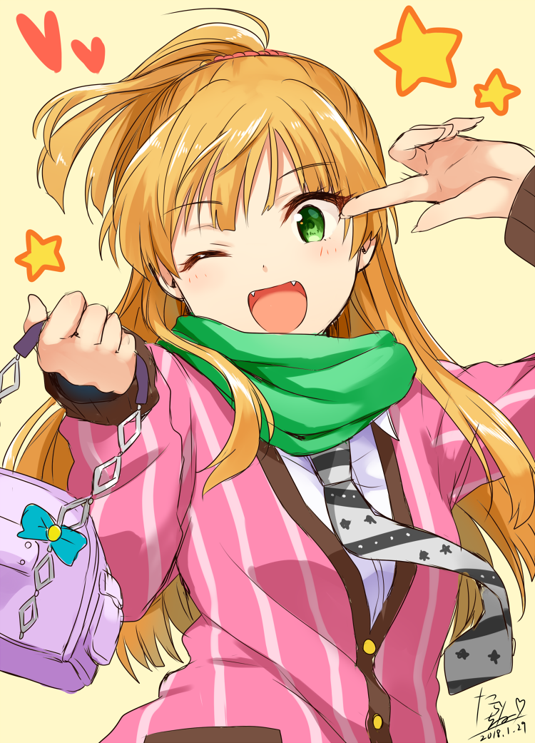 1girl :d bag blonde_hair commentary_request dated fangs green_eyes handbag idolmaster idolmaster_cinderella_girls jougasaki_rika long_hair long_sleeves necktie one_eye_closed open_mouth scarf signature smile solo star tarachine upper_body yellow_background