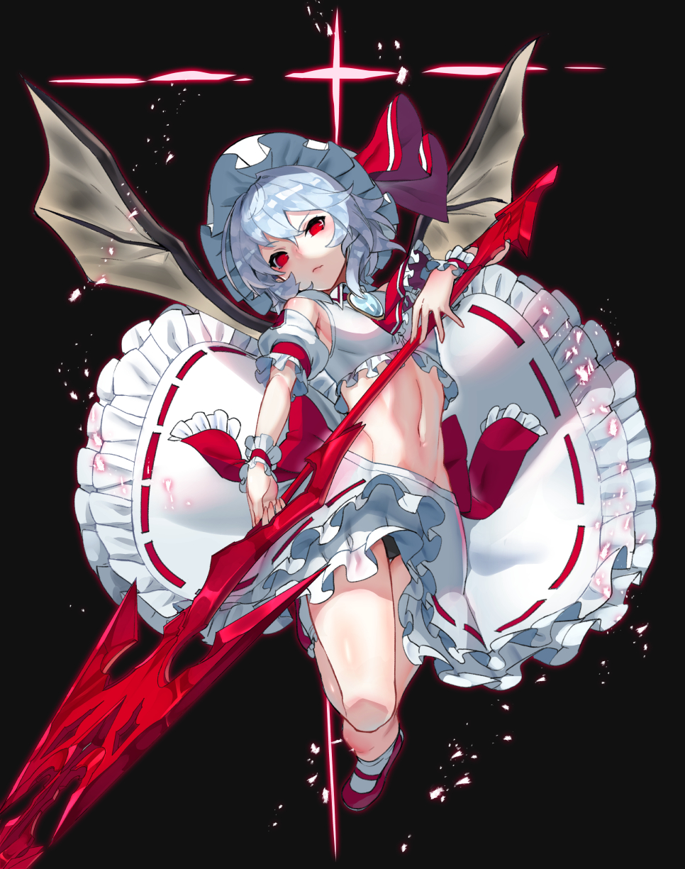 1girl bare_legs bat_wings black_background black_panties blue_hair breasts commentary_request crop_top frilled_skirt frills full_body hat highres looking_at_viewer mary_janes midriff miniskirt navel panties pantyshot red_eyes red_footwear remilia_scarlet ribbon-trimmed_skirt ribbon_trim shoes short_hair skirt small_breasts socks solo spear_the_gungnir stomach sukocchi touhou underwear white_legwear wings wrist_cuffs