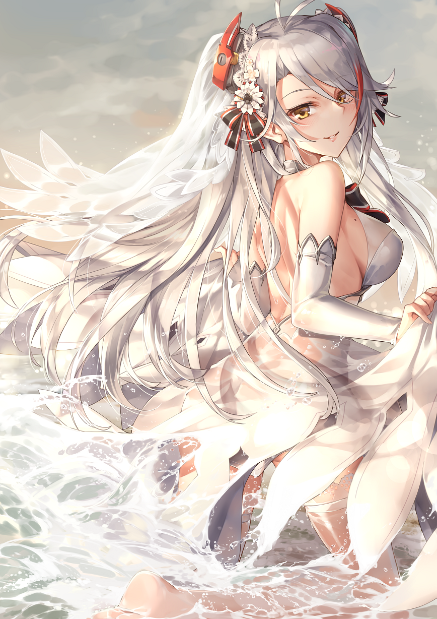 1girl antenna_hair azur_lane bangs bare_shoulders breasts commentary detached_sleeves dress eyebrows_visible_through_hair flower hair_flower hair_ornament headgear highres ks long_hair looking_at_viewer mole mole_on_breast parted_lips prinz_eugen_(azur_lane) silver_hair smile solo swept_bangs thigh-highs very_long_hair water wet wet_clothes white_dress white_legwear yellow_eyes