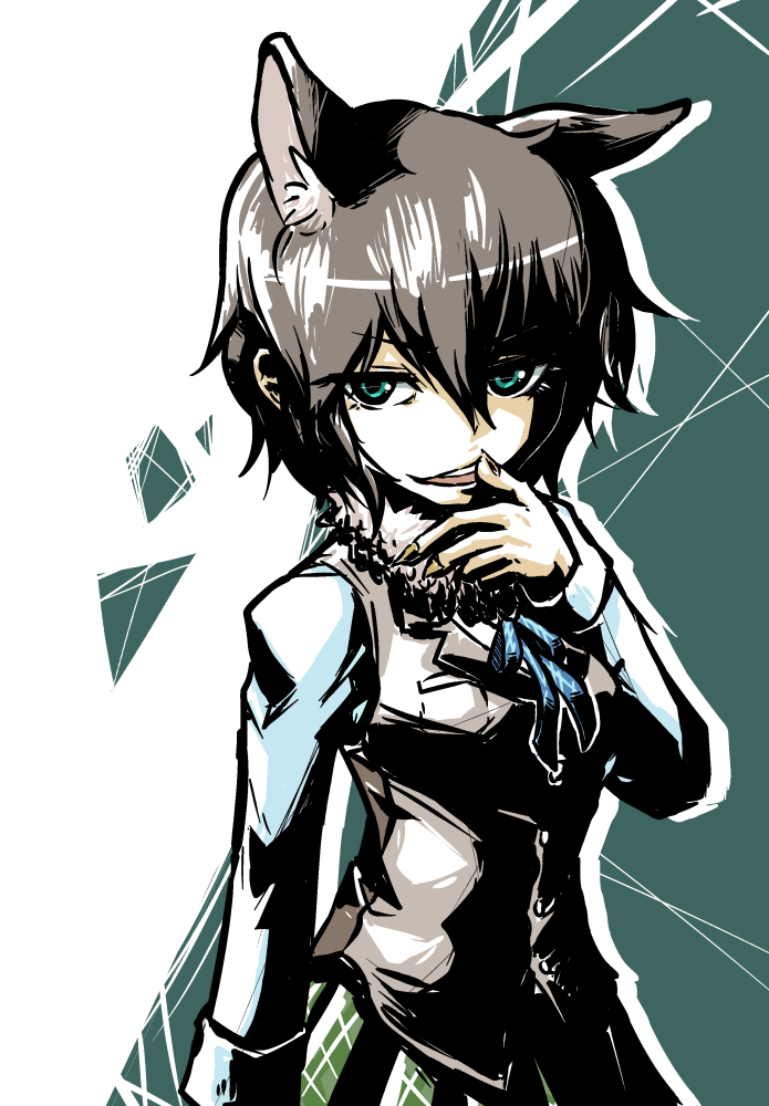 1girl animal_ears blue_eyes blue_neckwear blue_ribbon blue_shirt brown_vest character_request fur_collar green_skirt grey_hair hair_between_eyes hand_to_own_mouth hand_up kemono_friends kotobuki_(tiny_life) long_sleeves looking_at_viewer neck_ribbon open_mouth ribbon shirt short_hair skirt smile smirk solo upper_body vest