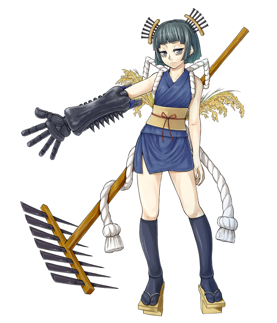 1girl bangs bare_shoulders blue_legwear blunt_bangs closed_mouth commentary_request contrapposto full_body geta grey_eyes grey_hair hair_ornament hairpin jaco jitome kneehighs looking_at_viewer obi original oversize_forearms personification rake sash short_hair simple_background solo tabi white_background