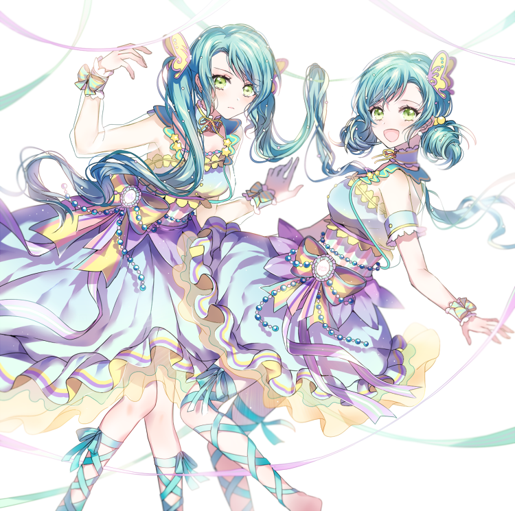 2girls :d :| alternate_hairstyle ankle_lace-up aqua_hair aqua_ribbon arm_cuffs bang_dream! bow butterfly_hair_ornament choker closed_mouth cross-laced_footwear double_bun dress frilled_dress frills green_eyes hair_bow hair_ornament hikawa_hina hikawa_sayo light_frown looking_at_viewer multicolored_bow multiple_girls nennen open_mouth ribbon sash siblings sisters smile striped striped_bow transparent_sleeves twins twintails wrist_bow wrist_cuffs