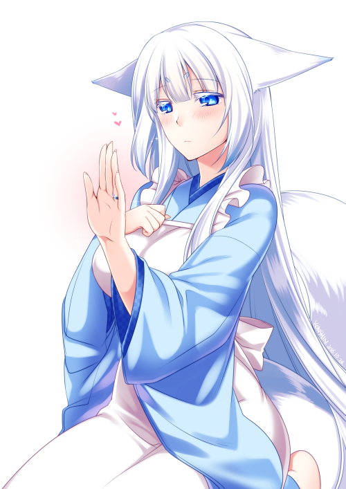 1girl animal_ears apron barefoot blue_eyes blue_kimono blush breasts closed_mouth commentary_request ears_down fox_ears fox_tail hand_on_own_chest hand_up heart japanese_clothes jewelry kimono konshin large_breasts long_sleeves orie_mishiro original ring seiza short_eyebrows sitting solo tail wedding_band white_apron white_background