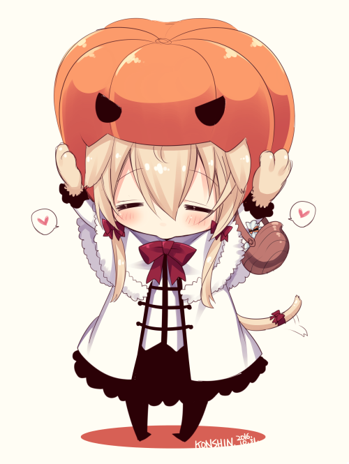 1girl =_= animal_ears blush bow bowtie cat_tail chibi closed_eyes commentary_request ears_down facing_viewer fur_trim gloves hair_bow heart konshin long_hair original pantyhose paw_gloves paws pumpkin red_bow red_neckwear simple_background solo spoken_heart standing tail tail_bow white_coat yellow_background